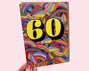 60th Birthday Greeting Card - Embossed Sixty Psychedelic Birthday Card