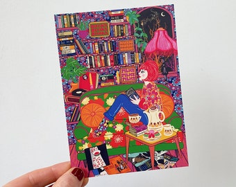 Book Lover Art Postcard - Bookworm Postcard - Reading Postcard- Birthday - Christmas