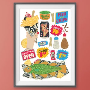 May include: A colourful illustration of a fish and chips shop menu. The menu features a variety of items, including fish and chips, mushy peas, curry sauce, gravy, and a can of pop. The text on the menu reads "Fish and Chips", "Mushy Peas", "Curry £1.00", "Gravy 70p", "Fishcake £1.50", and "Come in We're Open".