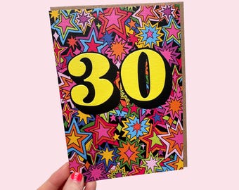 Tarjeta de felicitación de cumpleaños número 30 - Tarjeta de cumpleaños psicodélica con relieve "Treinta"