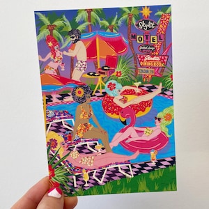Pool Party Art Postcard - Motel Swimming Pool Summer Holiday Postcard - Birthday - Christmas - New Home - Stocking Filler