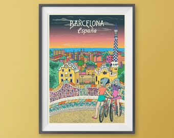 Barcelona Spain Poster - Park Guell - Espana Print - Barcelona City Skyline Poster - Spain Travel Print