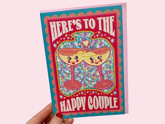 Wedding Greeting Card - Here's To The Happy Couple Card -  Congratulations - Mr and Mrs - Just Married - Anniversary