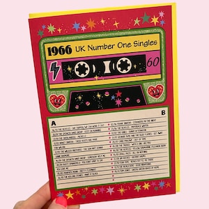 May include: A colourful greeting card featuring a cassette tape design with the text "1966 UK Number One Singles". The card has a red background with a list of songs and decorative stars and hearts.