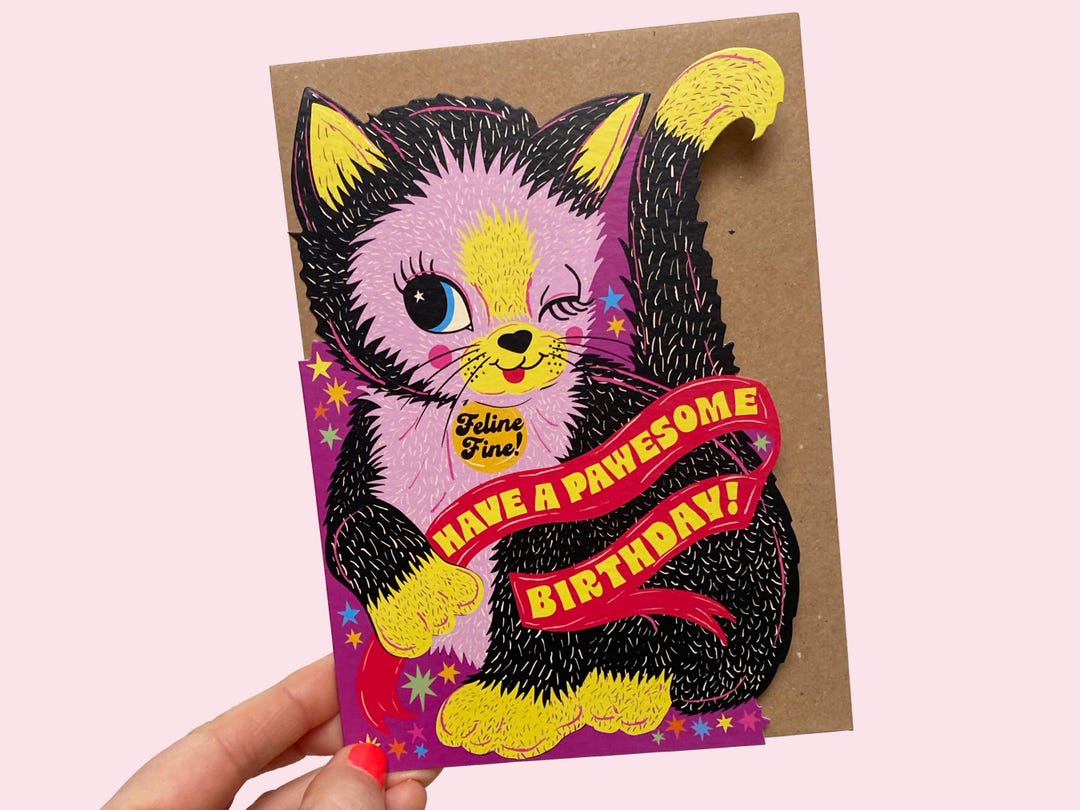 Pawesome Birthday - Cat Kitten Die-cut Birthday Greeting Card - Etsy