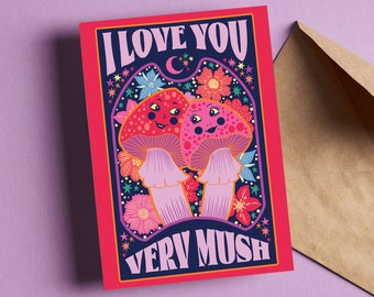 I Love You Very Mush Valentines Greeting Card - Mushroom Valentines - Anniversary - Friendship