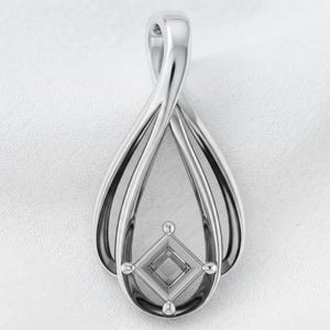 May include: A silver-toned pendant featuring a teardrop-shaped frame with a twisted, open design. At the base of the teardrop, a small, square-cut gemstone is held in a four-prong setting, with each prong topped by a tiny, polished metal sphere.