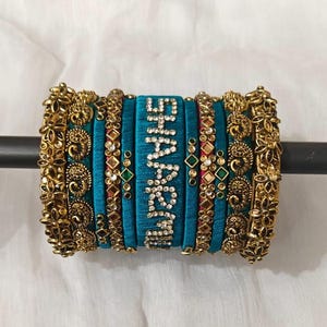 Benutzerdefinierte Name Kundan Seidenfaden Armreif Set, Türkis Braut Hochzeit Schmuck