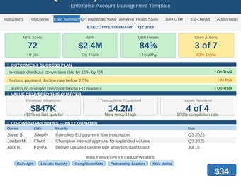QBR Template Excel | Quarterly Business Review for Enterprise Account Management | Customer Success QBR | Partner Success Template