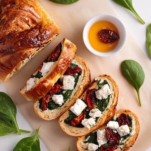 Può includere: Un pane dorato tagliato a fette, guarnito con spinaci verdi, briciole di formaggio feta bianco e pomodori secchi rosso scuro. Una piccola ciotola bianca contiene olio dorato con un pomodoro secco che galleggia all'interno.
