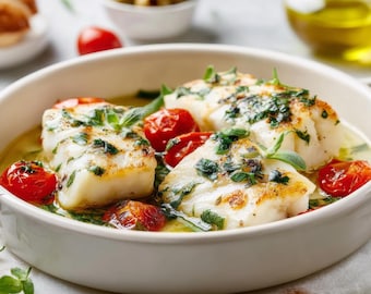 Ricetta stampabile di pesce bianco al forno, pesce mediterraneo con pomodori ed erbe aromatiche, cena sana, PDF stampabile per la cucina, download immediato