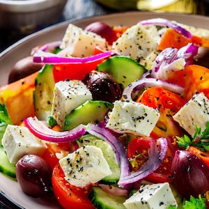 Può includere: Un'insalata greca con cubetti di formaggio feta bianco cosparsi di erbe nere, pomodori rossi a fette, rondelle di cetriolo verde, strisce di cipolla viola e olive kalamata marrone scuro servita su un piatto dal bordo chiaro.
