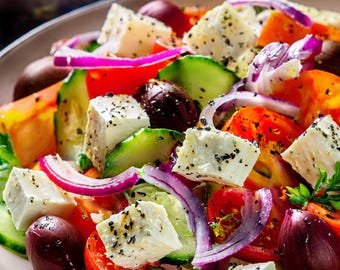 Ricetta stampabile per insalata greca, ricetta di insalata mediterranea, feta e olive, stampabile per la cucina, pasto vegetariano sano, download digitale