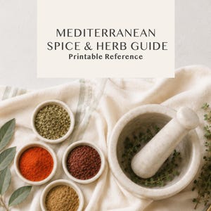 Könnte beinhalten: Ein mediterraner Gewürz- und Kräuterleitfaden mit dem Text oben. Darunter befinden sich vier kleine weiße Schalen mit grünen, roten, dunkelroten und braunen Gewürzen sowie ein weißer Marmormörser mit Stößel und grünen Kräutern.