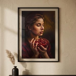 Dark Feminine Pomegranate Art Print, Moody Woman Portrait Wall Art, Renaissance Style Oil Painting, Gothic Aesthetic Decor, Dramatic Female