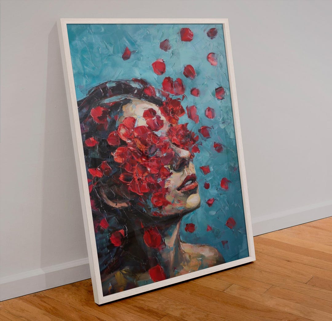 Woman Red Petals Blue Oil Painting Print | Dark Feminine Wall Art ...