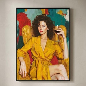 Può includere: Stampa artistica incorniciata di una donna in abito giallo, con un bicchiere di vino rosso. La donna è seduta su una sedia dorata su uno sfondo astratto colorato. L'opera d'arte ha uno stile classico ed elegante.