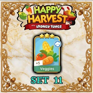 May include: A digital game card titled Veggies from Set 11 of Happy Harvest with Looney Tunes. The card features a yellow corn cob, a red tomato, and an orange carrot with green leaves. It displays three gold stars, a chef hat icon, and a +5 count.