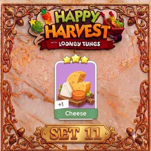 Könnte beinhalten: Eine digitale Spielkarte mit dem Titel Happy Harvest with Looney Tunes Set 11, drei Sternen und einer Abbildung verschiedener Käsesorten auf einem Holzbrett. Die Karte hat einen violetten Hintergrund, einen weißen Rand und den Text Cheese.