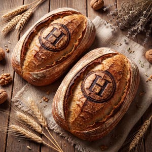 May include: Two oval-shaped loaves of crusty sourdough bread, each featuring a dark, circular stamp with the letter H in the center. The golden-brown loaves are placed on a light-colored linen cloth, surrounded by scattered wheat stalks and walnuts.