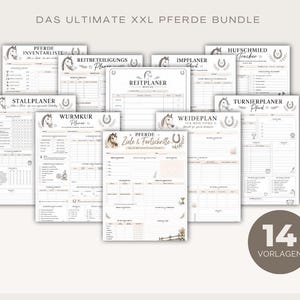 May include: A collection of 14 printable horse management planner sheets featuring black text and horse illustrations on a white background. The bundle includes trackers for stable, deworming, farrier, training, and goals, labelled with German text.