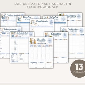 Könnte beinhalten: Ein Set aus dreizehn Haushaltsplanungs-Vorlagen mit blauem Text und Illustrationen. Die Blätter enthalten Titel wie Putzplan, Einkaufsliste, Rechnungsübersicht, Haushaltskosten-Tracker, Vorratsliste, Essensplaner und Familienplaner sowie den Hinweis 13 Vorlagen.