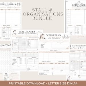 Könnte beinhalten: Ein digitales Set aus druckbaren Pferde-Planern mit verschiedenen Vorlagen wie Fütterungsplänen, Reitplänen und Stallorganisatoren. Jede Seite enthält pferdebezogene Illustrationen, Checkboxen und Tabellen zur Organisation der täglichen Pflege.