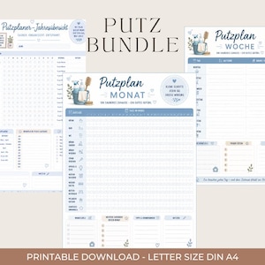 Puede incluir: Un paquete de planificadores de limpieza con tres hojas imprimibles tituladas Putzplan-Jahresübersicht, Putzplan-Monat y Putzplan-Woche. Los documentos incluyen gráficos en azul y beige de artículos de limpieza, listas de verificación y cuadrículas para tareas.