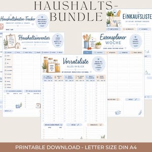 Könnte beinhalten: Ein Haushalts-Bundle mit druckbaren Dokumenten, darunter Haushaltskosten-Tracker, Haushaltsinventar, Essensplaner und Einkaufsliste. Jede Seite enthält blauen Text, Aquarell-Illustrationen von Küchenutensilien und organisierte Tabellen.