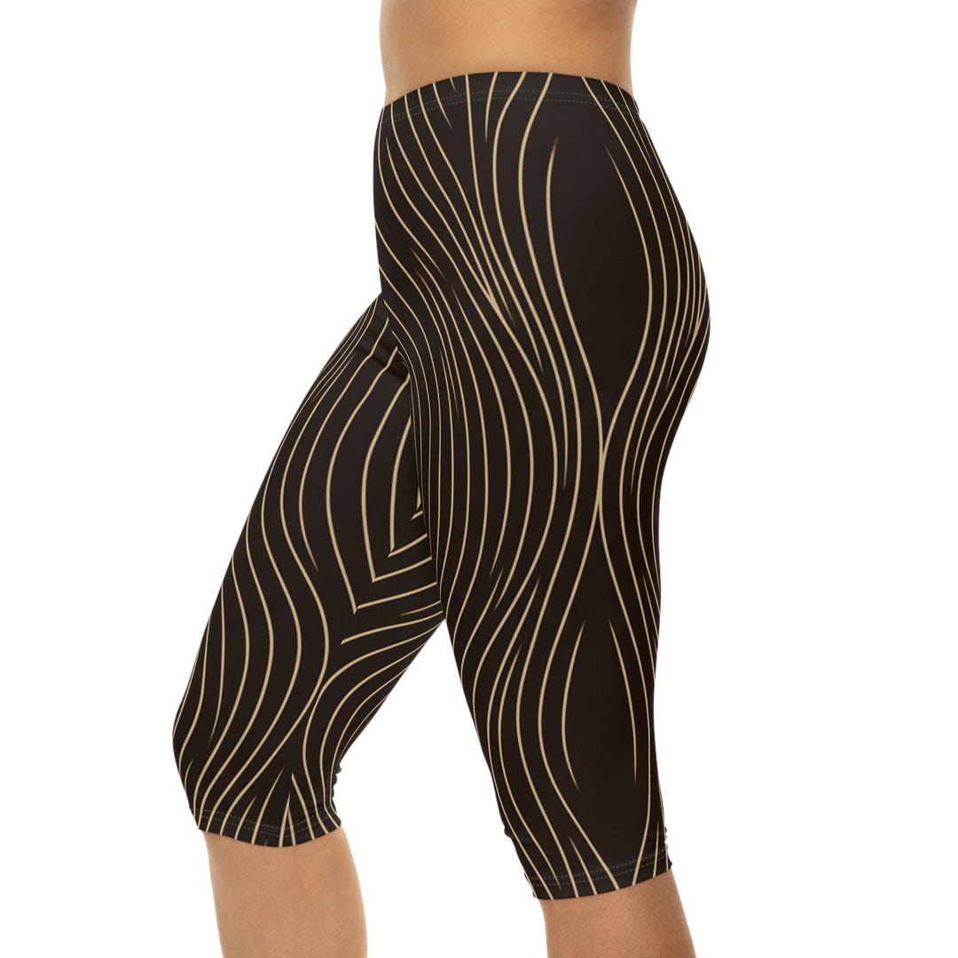 Brown Gold Wavy Line Abstract Wave Pattern Capri Leggings | AOP - Etsy