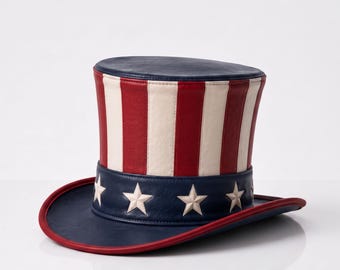 Cartola de couro do Tio Sam, chapéu patriótico dos EUA, chapéu com a bandeira americana, chapéu para o 4 de julho, chapéu de fantasia vermelho, branco e azul
