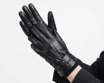 Luvas de inverno de couro para homem, luvas com punho de botão, luvas de couro feitas à mão, luvas sociais quentes, luvas elegantes para clima frio.