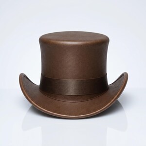 May include: A structured brown top hat with a flat crown and a curved brim. The hat features a matching brown ribbon band encircling the base of the crown. The surface has a smooth, matte finish, and the design is symmetrical with a wide brim.