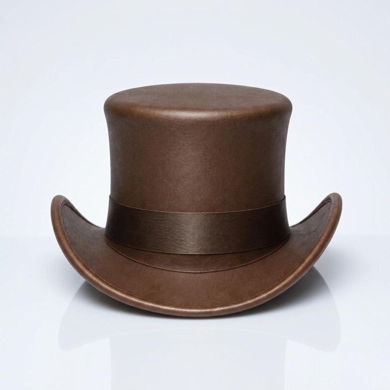 May include: A structured brown top hat with a flat crown and a curved brim. The hat features a matching brown ribbon band encircling the base of the crown. The surface has a smooth, matte finish, and the design is symmetrical with a wide brim.