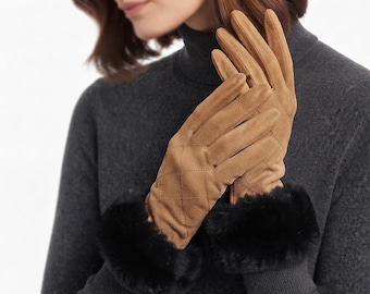 Luvas de camurça femininas, luvas com punho de pele, luvas de inverno para ocasiões formais, luvas de camurça feitas à mão, luvas elegantes para clima frio.