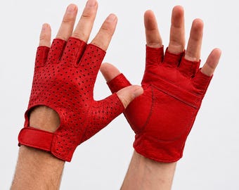 Luvas de couro sem dedos, luvas para dirigir, luvas com meio dedo, luvas de motociclismo feitas à mão, luvas de couro unissex
