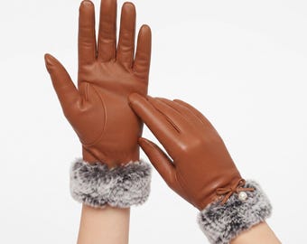 Luvas de inverno em couro, luvas femininas de couro com forro de lã, luvas quentes para o frio, luvas confortáveis e estilosas, presente de Natal para ela.