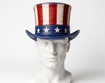 Chapéu Patriótico do Tio Sam, Cartola de Couro dos EUA, Chapéu com a Bandeira Americana, Chapéu para o 4 de Julho, Chapéu de Fantasia Vermelho, Branco e Azul