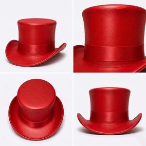 May include: A bright red top hat featuring a flat crown, a structured cylindrical body, and a curved brim. A matching red satin ribbon band encircles the base of the crown. The hat has a smooth, matte finish and is shown from four different angles.