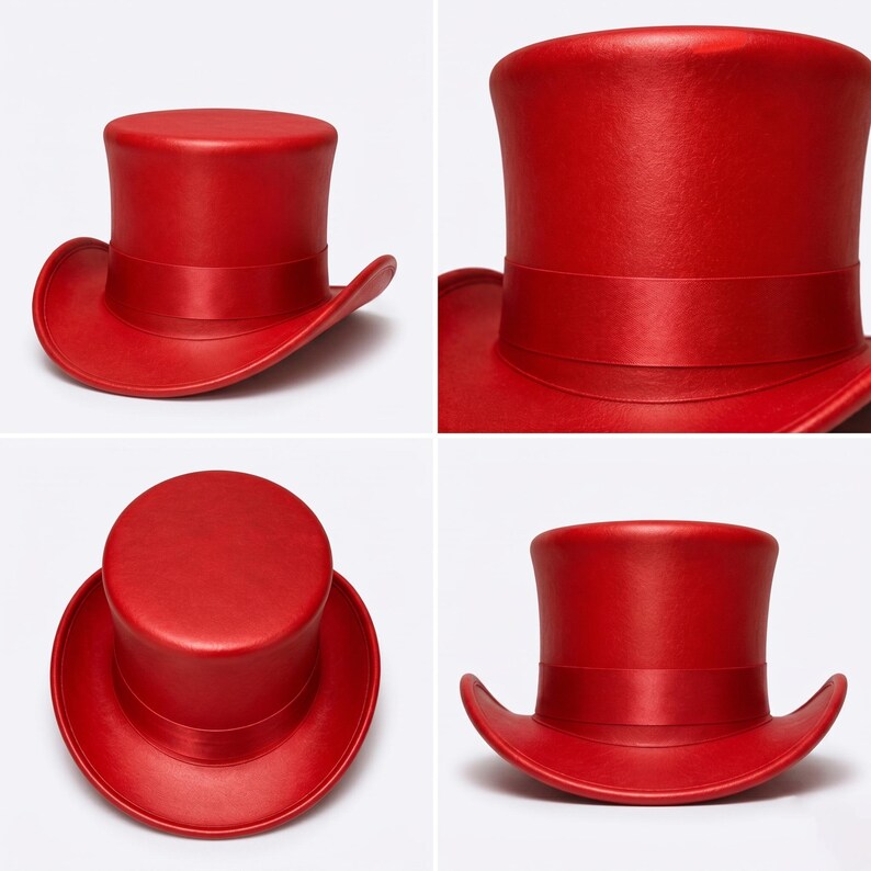 May include: A bright red top hat featuring a flat crown, a structured cylindrical body, and a curved brim. A matching red satin ribbon band encircles the base of the crown. The hat has a smooth, matte finish and is shown from four different angles.