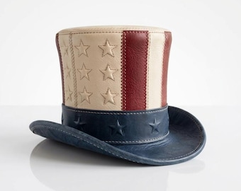 Cartola de couro do Tio Sam, chapéu steampunk patriótico com a bandeira americana, chapéu para fantasia do 4 de julho dos EUA