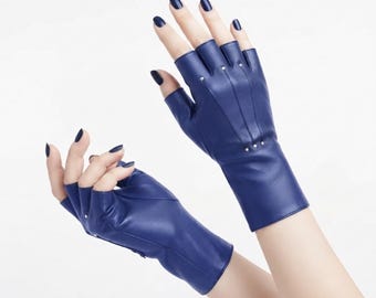 Luvas de couro sem dedos para mulheres, luvas artesanais de meio dedo, luvas de couro da moda, luvas elegantes até o pulso, presente para ela.