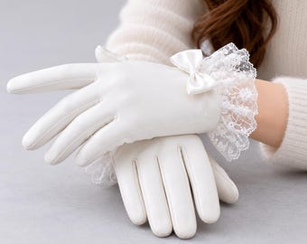 Luvas de couro de ovelha para mulheres, luvas com punho de renda, luvas elegantes para ocasiões formais, luvas de inverno feitas à mão, presente para ela.