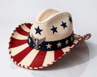 Chapéu de couro patriótico de cowboy, chapéu de cowboy com a bandeira dos EUA, chapéu com a bandeira americana, chapéu de estilo faroeste, chapéu para o 4 de julho, chapéu americano.