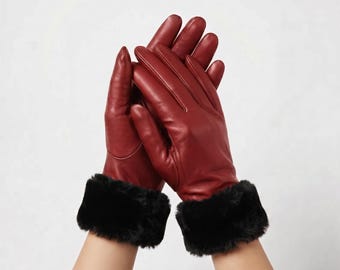Lädervinterhandskar för kvinnor, Pälshandskar, Äkta läderhandskar, Eleganta vinterhandskar, Handgjord present