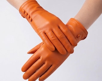 Luvas de couro femininas, luvas com punho de botão, luvas sociais feitas à mão, luvas elegantes de dedo inteiro, luvas estilo vintage.