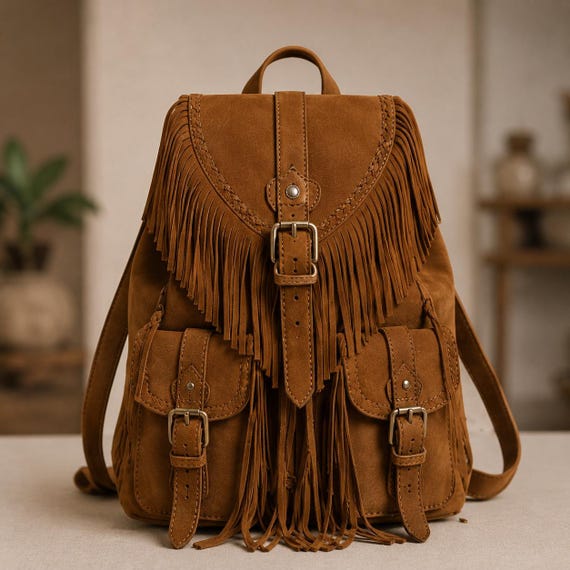 Suede Leather Fringe Backpack, Boho Western Backpack for Women, Handmade Leather Rucksack, Fringe Backpack Purse, Festival Travel Bag
