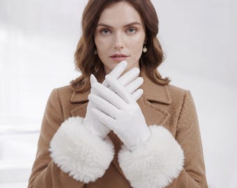 Luvas de inverno femininas em couro, luvas com punho de pele, luvas de couro quentes, luvas sociais feitas à mão, luvas de luxo para clima frio.