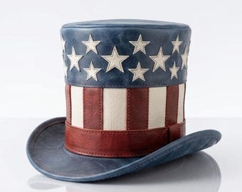 Uncle Sam Leather Top Hat, Patriotic USA Hat, American Flag Hat, 4th of July Hat, Red White Blue Costume Hat