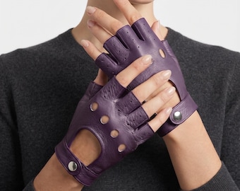 Luvas de couro sem dedos para dirigir, luvas femininas de meio dedo, luvas de couro feitas à mão, luvas de direção estilo vintage.